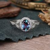 1 Carat Oval Cut Alexandrite Halo Ring Anniversary Bead Edge Unique Leaf Ring